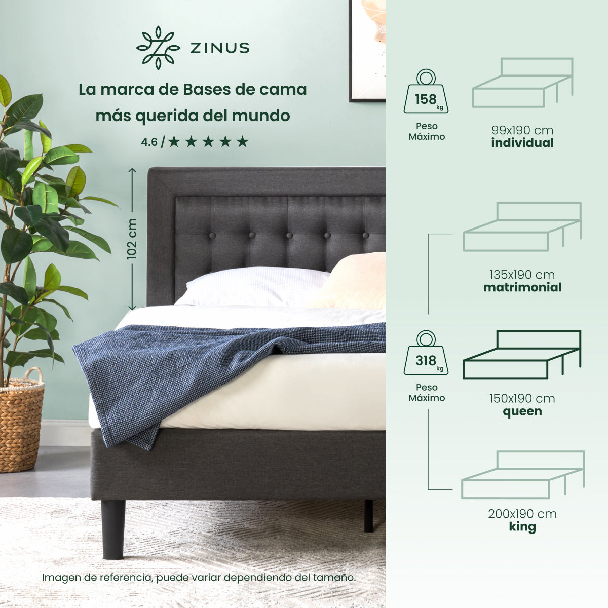 Zinus Dachelle | Base de cama con cabecera y tapizada, Fácil montaje