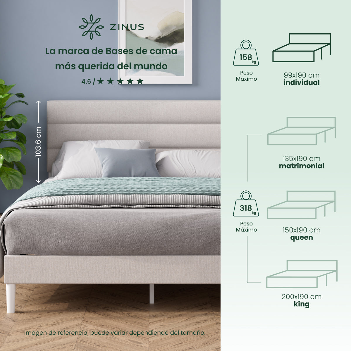 Base de cama con cabecera y tapizada, Fácil montaje | Piper