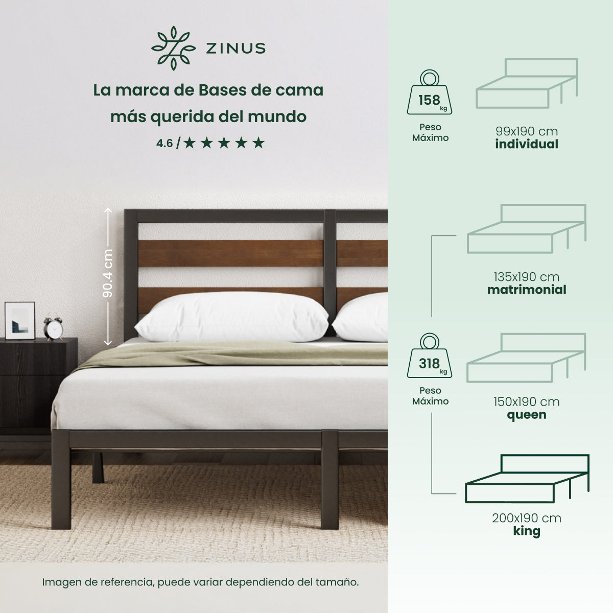 Zinus |  Cama Completa Base Shen + Colchón Comfort