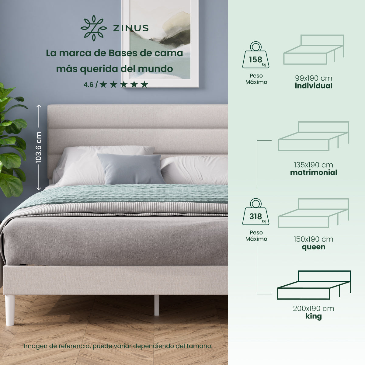 Base de cama con cabecera y tapizada, Fácil montaje | Piper