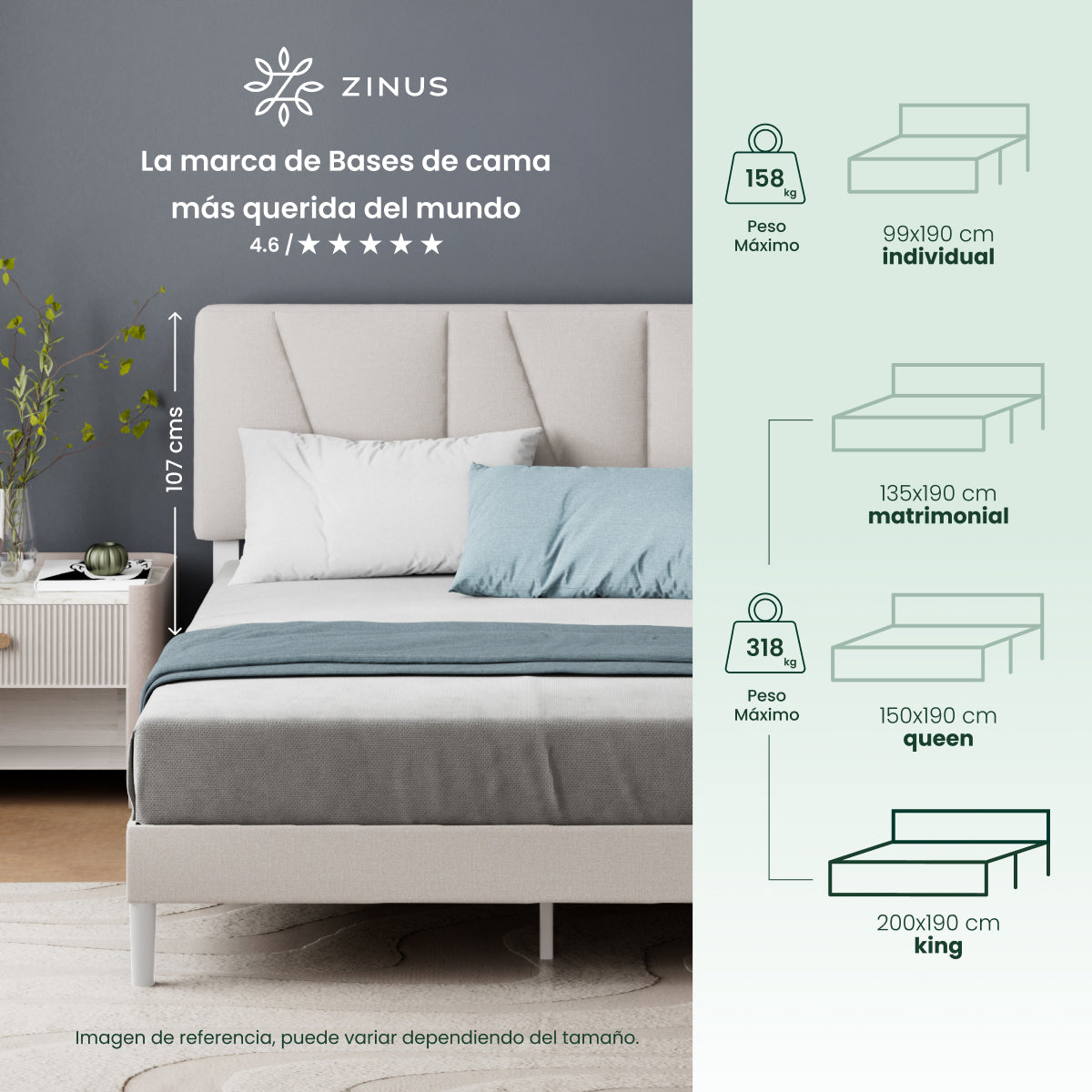 Base de cama con cabecera y tapizada, Fácil montaje | Maya