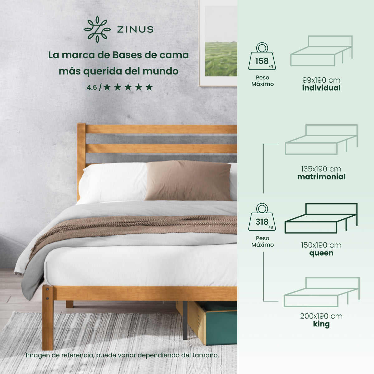 Zinus |  Cama Completa Base Leah + Colchón Comfort
