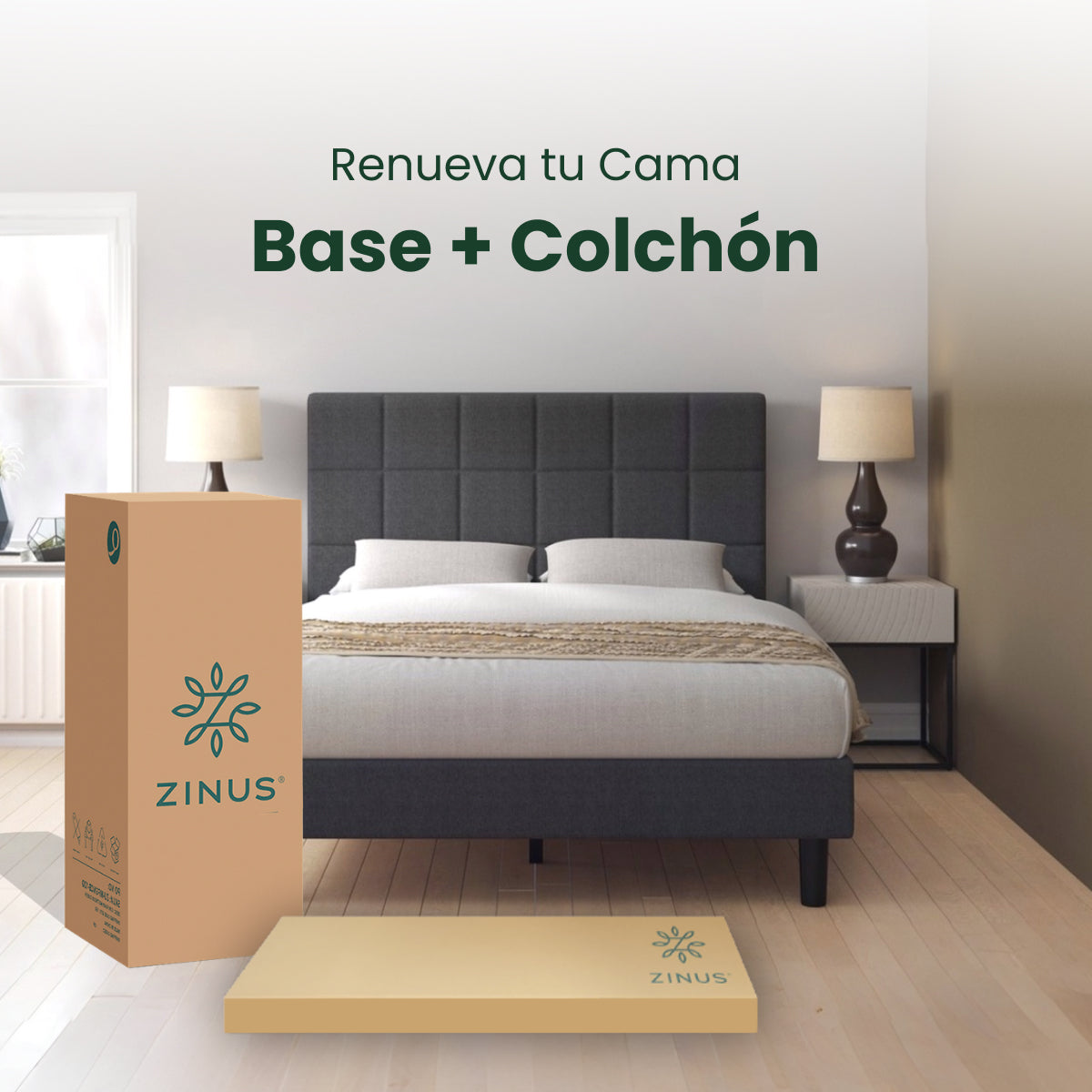 Zinus |  Cama Completa Base Leo + Colchón Comfort