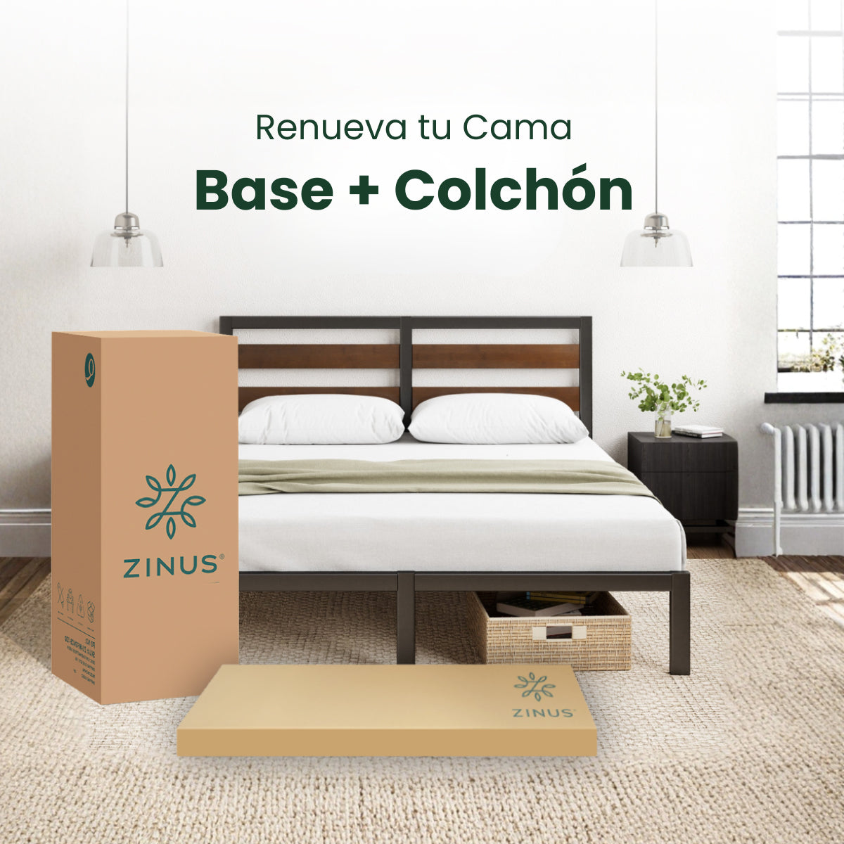 Zinus |  Cama Completa Base Shen + Colchón Comfort
