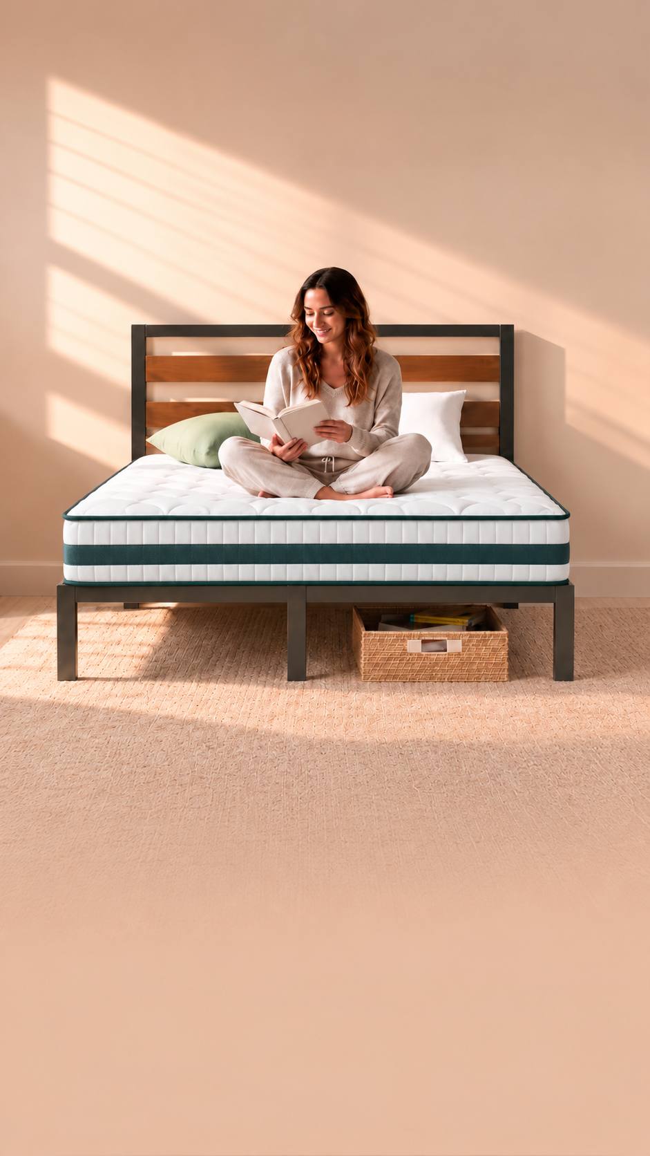 Mujer leyendo sobre una cama con base Shen y colchón Comfort